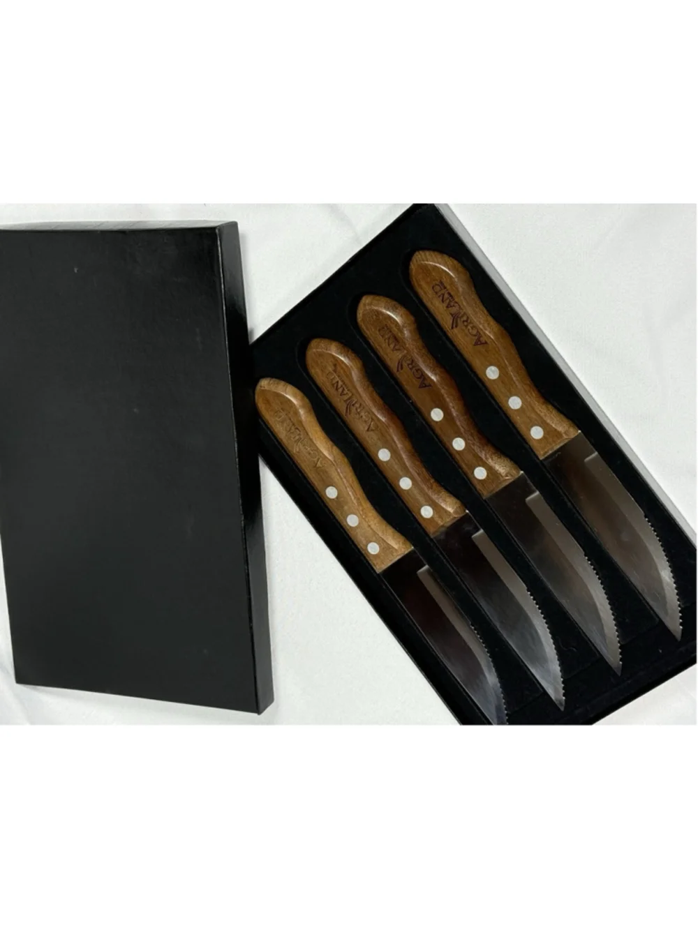 Agriland Farm Credit 4 Pc Steak Knife Set Wood Handles Serrated Blades Box Promo